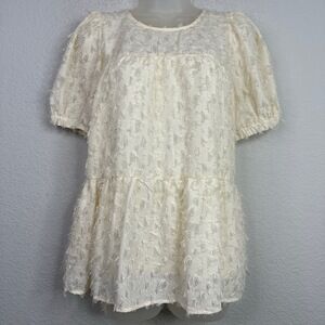 THML Shirt Womens S Beige Feathered Short Sleeve Peplum Romantic Coquette Boho